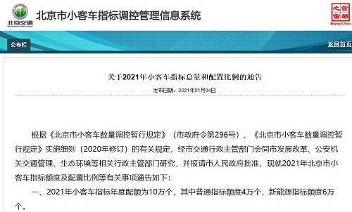 2021年北京新能源小客車指標額度6萬個